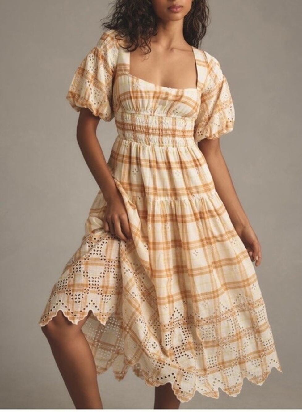 Anthropologie Puff Sleeve Eyelet Midi Dress Yellow Size SP